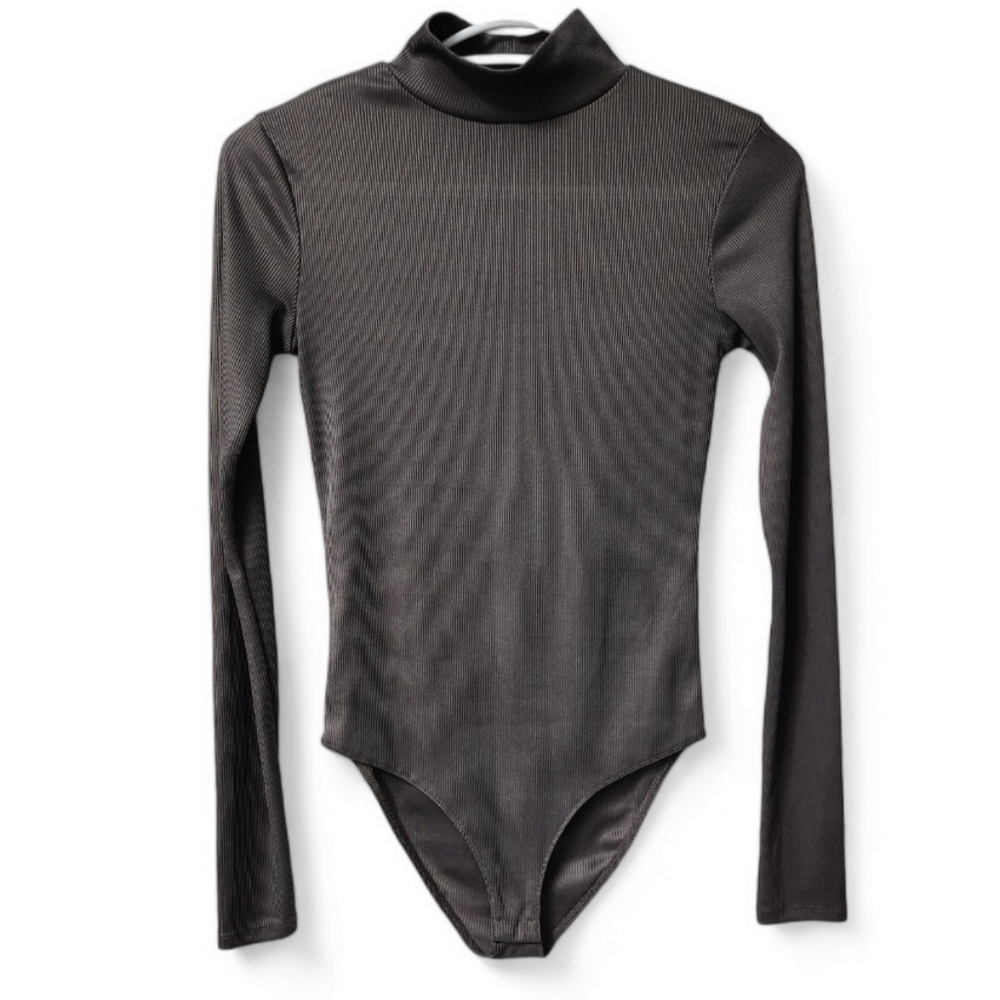 Zara Trafaluc Women Ribbed Gray Mock Neck Long Sleeve Bodysuit